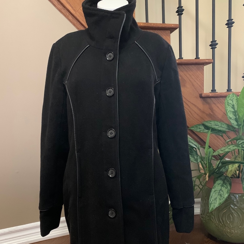 Knee Length Coat with faux leather detail